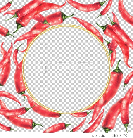 Watercolor hot chili pepper frame. Whole vegetable red pods square card with round gold frame inside for food spices, sauce, seasoning label, menu. Hand drawn illustration isolated from background Watercolor hot chili pepper frame. Whole vegetable red pods square card with round gold frame inside for food spices, sauce, seasoning label, menu. Hand drawn illustration isolated from background 136501703
