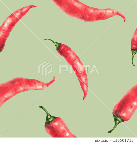 Red hot chili pepper seamless pattern. Watercolor realistic painting of whole vegetables pods with green stem. Spice Asian seasoning food fabric, wallpaper on Isolated coloured background illustration 136501713
