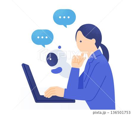 AIと議論しながら仕事を進めるスーツ姿の女性。AIが業務をサポートするベクターイラスト素材。 AIと議論しながら仕事を進めるスーツ姿の女性。AIが業務をサポートするベクターイラスト素材。 136501753
