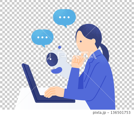 A woman in a suit working while discussing with AI. Vector illustration of AI supporting business operations. 136501753