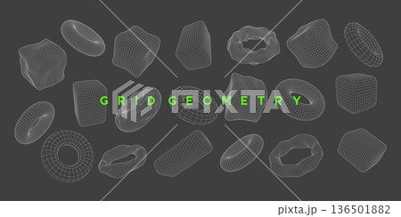 Set of distorted wireframe cube and torus shapes with organic, fluid mesh design. Mathematical mesh shapes for futuristic tech design, science and digital projects. Vector illustration. Set of distorted wireframe cube and torus shapes with organic, fluid mesh design. Mathematical mesh shapes for futuristic tech design, science and digital projects. Vector illustration. 136501882