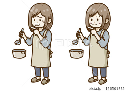 料理の味見をする女性のイラスト2パターンセット(笑顔・顔をしかめる) 料理の味見をする女性のイラスト2パターンセット(笑顔・顔をしかめる) 136501883