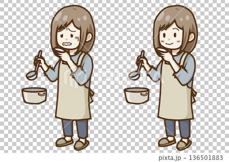 一組兩幅女性品嚐食物的插圖(微笑和皺眉)。 一組兩幅女性品嚐食物的插圖(微笑和皺眉)。 136501883