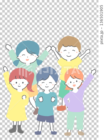 孩子們聚在一起，面帶微笑，揮手（插圖） 136501905