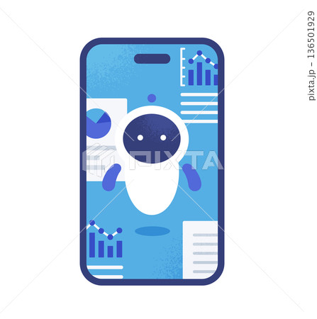 スマートフォンの中で浮かぶAI。情報処理するかわいいAIロボットのイラスト素材。 136501929