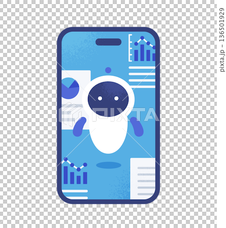 スマートフォンの中で浮かぶAI。情報処理するかわいいAIロボットのイラスト素材。 136501929