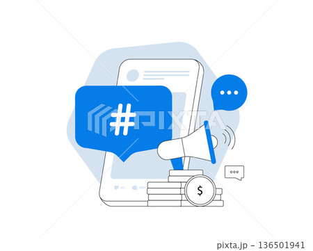 Hashtag influencer marketing strategy, social media hashtag campaign for brand growth, digital content promotion and audience engagement, modern flat social network 2026 interface vector illustration 136501941