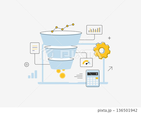 Marketing funnel analytics, sales conversion process with data filtering and business metrics, e-commerce digital optimization workflow and KPI charts, modern flat infographic vector illustration 136501942