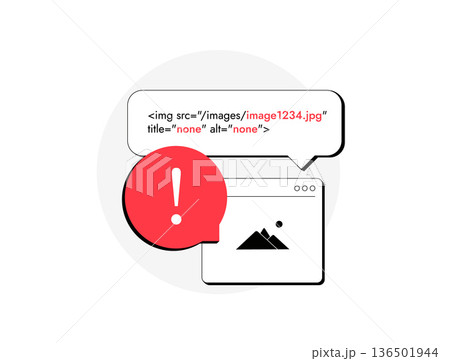 Image SEO optimization concept, alt text and title tags for website search visibility, digital marketing metadata strategy, modern flat web analytics interface, isolated on white vector illustration 136501944