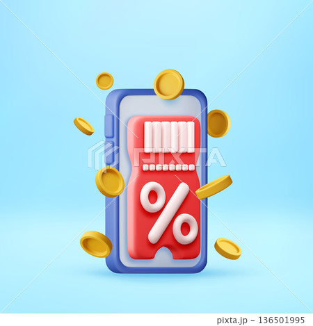 3D discount coupon on phone screen with gold coin 136501995