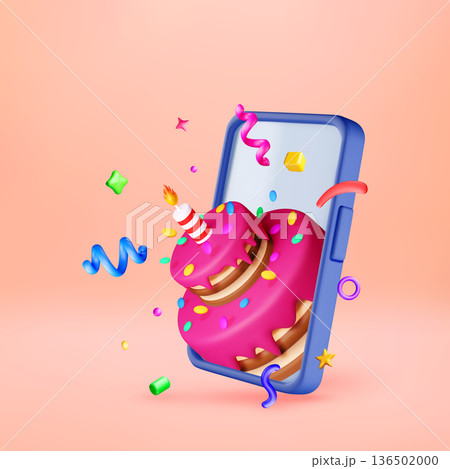 3D Birthday cake with candle out of smartphone 136502000