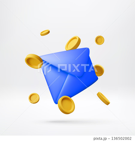 3D Blue envelope and yellow coin float. 136502002