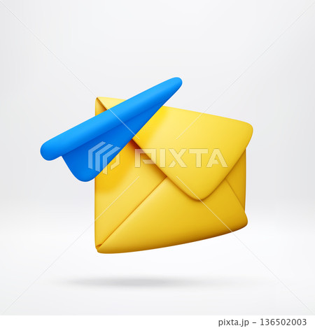 3D Yellow mail envelope with flying paper plane 136502003