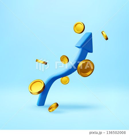 3D Blue arrow pointing upward and flying coin 3D Blue arrow pointing upward and flying coin 136502008