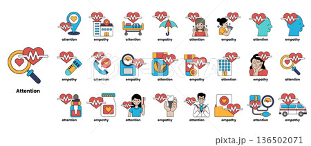 A collection of medical icons, including a stethoscope, a heart, and a syringe 136502071