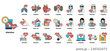 The image is a collection of various medical symbols and icons, including hearts 136502073