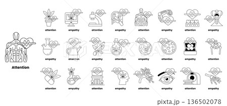 The image is a grid of black and white drawings of various objects and concepts 136502078
