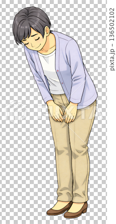 一幅描繪女性禮貌鞠躬的全身插圖，女性鞠躬表達感激或歉意，這種鞠躬方式可用於客戶服務或商務場合。 136502102