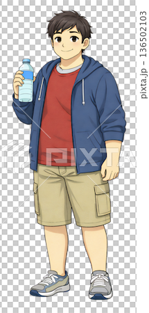 一幅年輕男子手持塑膠瓶裝水的全身插圖，他隨意地站著喝水，以預防夏季中暑。 136502103