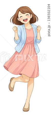 笑顔でガッツポーズをする若い女性の全身イラスト、成功を喜ぶポジティブな女性の立ち姿、嬉しさを表現する 136502104