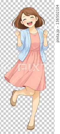 一幅描繪一位面帶微笑、揮拳慶祝的年輕女子全身像，她是一位積極樂觀的女性，站著，為成功而歡欣鼓舞，臉上洋溢著喜悅。 136502104