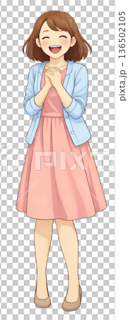 両手を胸の前で組み笑顔の若い女性イラスト、感謝や喜びを表す優しい女性の立ち姿、安心した表情で微笑む女 136502105