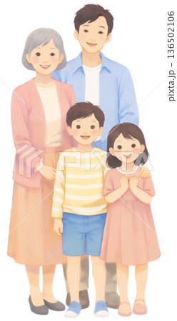 笑顔で並ぶ4人家族の全身イラスト、仲良しファミリーの集合ポートレート素材、幸せな家庭をイメージした家 136502106