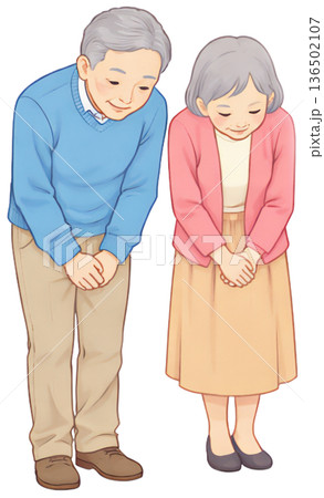 丁寧にお辞儀する高齢夫婦の全身イラスト、感謝を伝えるシニア夫婦の挨拶シーン、謝罪やお礼で頭を下げる老 136502107