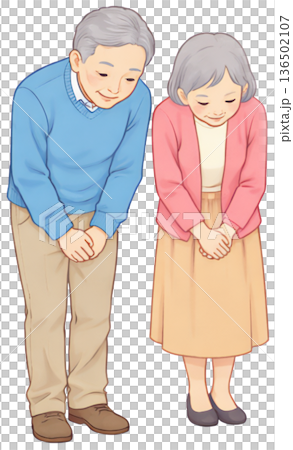 丁寧にお辞儀する高齢夫婦の全身イラスト、感謝を伝えるシニア夫婦の挨拶シーン、謝罪やお礼で頭を下げる老 136502107
