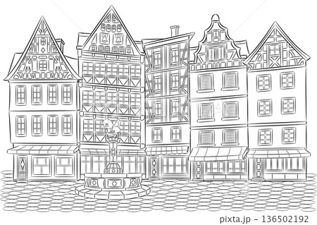 Black and White Vector Illustration of Medieval Market Square in Cochem, Germany Black and White Vector Illustration of Medieval Market Square in Cochem, Germany 136502192