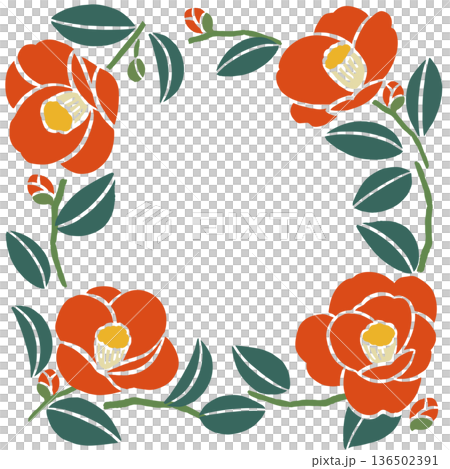 山茶花向量插圖邊框（無文字）| 日本印刷品和日式設計素材 136502391