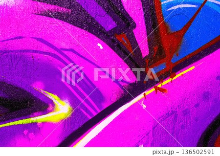 Abstract Urban Graffiti Art in Purple, Yellow, Red with Neon Glow for 90s, Y2K Street Style 136502591