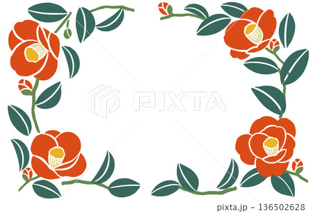 椿のベクターイラストフレーム（文字なし）｜日本の版画・和風デザイン素材 136502628