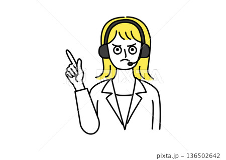 コールセンターで電話対応するテレオペ女性の上半身ベクターイラスト_ポイント_指し示す_怒り顔 コールセンターで電話対応するテレオペ女性の上半身ベクターイラスト_ポイント_指し示す_怒り顔 136502642