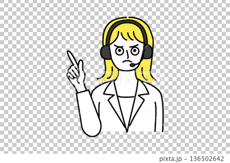 コールセンターで電話対応するテレオペ女性の上半身ベクターイラスト_ポイント_指し示す_怒り顔 コールセンターで電話対応するテレオペ女性の上半身ベクターイラスト_ポイント_指し示す_怒り顔 136502642