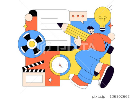 Screenwriter Vector Illustration Featuring a Professional Writer and Copywriter for Filmmaking, Cinematography, or Film Production Background Screenwriter Vector Illustration Featuring a Professional Writer and Copywriter for Filmmaking, Cinematography, or Film Production Background 136502662