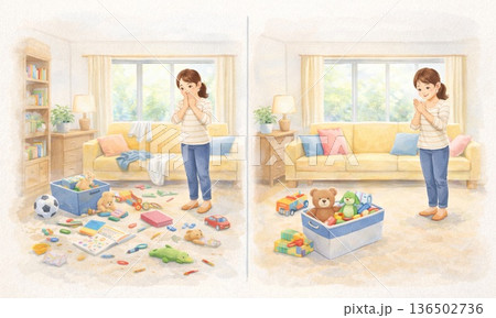散らかった子供部屋と片付けを促す母親のイラスト 136502736
