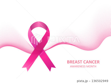 Breast cancer awareness month. Pink ribbon and dotted waves on light background 136502949