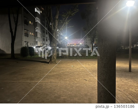 夜のペデストリアンデッキ 歩行者専用通路とマンションが立ち並ぶ都会の夜景 夜のペデストリアンデッキ 歩行者専用通路とマンションが立ち並ぶ都会の夜景 136503186