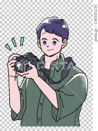 Illustration of a smiling man holding a camera 136503235