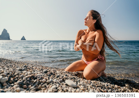 Woman in Pink Bikini on a Pebble Beach 136503391