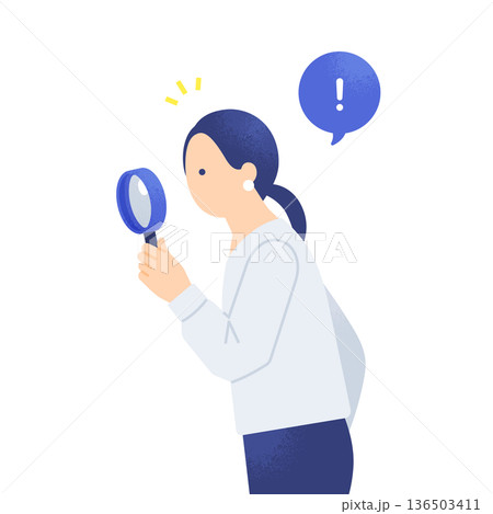 虫眼鏡で詳細をチェック。調査で気付きを得る女性のベクターイラスト素材。 136503411
