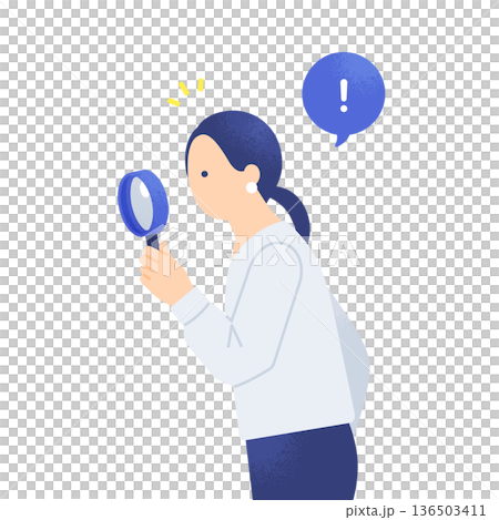 用放大鏡查看細節。向量圖，描繪了一位女性透過研究獲得見解的情景。 136503411