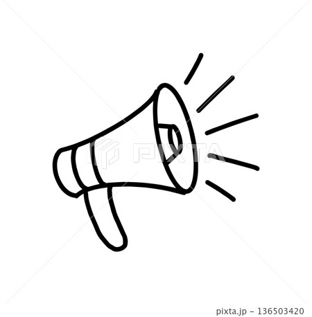 Megaphone hand-drawn line doodle in a simple outline vector style, designed as a clean communication symbol suitable for announcements, alerts, social media graphics, promotional materials, and modern Megaphone hand-drawn line doodle in a simple outline vector style, designed as a clean communication symbol suitable for announcements, alerts, social media graphics, promotional materials, and modern 136503420