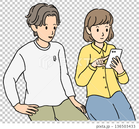 一緒にスマホを見る若い男女　イラスト 136503433