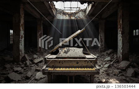 Piano abandoned building sunbeams illuminate a weathered white instrument amidst rubble inside a hauntingly beautiful derelict hall 136503444