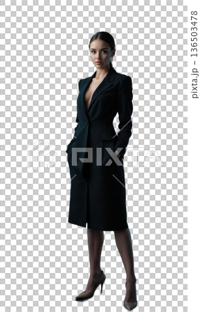 Businesswoman blazer portrait featuring elegant woman in tailored black dress standing on white background for professional corporate success concepts 136503478