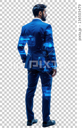 A determined male strategist in cobalt blue, his stance strong as digital charts of business growth and opportunity surround him 136503479