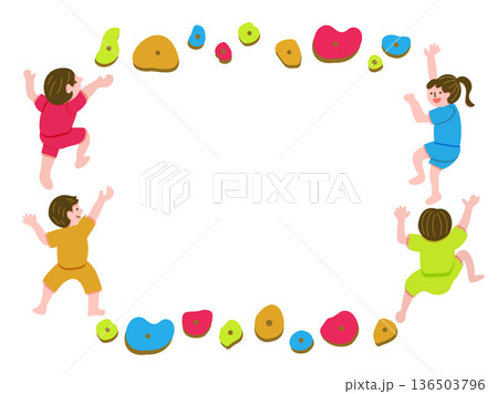 ボルダリング・クライミングを楽しむ子供たちのあしらいフレームイラスト 136503796