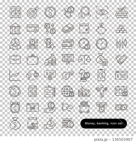 Money, banking, and exchange icon set: banknotes, coins, exchange, and remittance materials 136503907